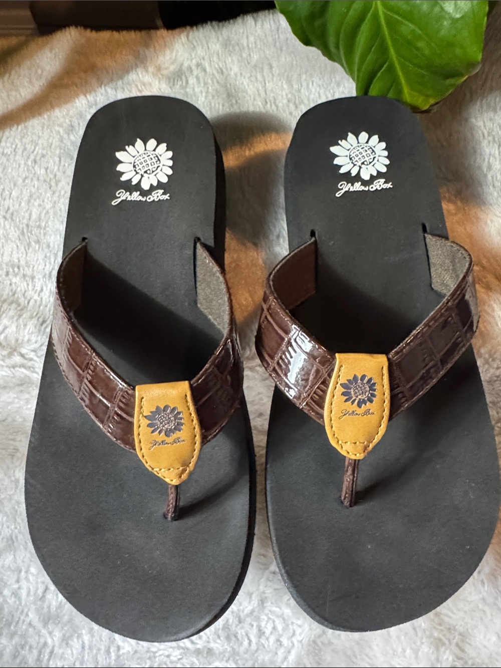 Yellow Box Black Footbed Flip Flops with Brown Croc-Strap Women's Size 8.5 - Picture 2 of 9